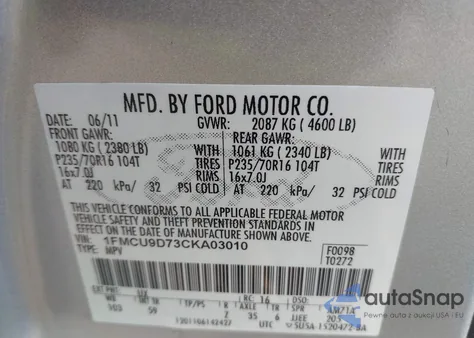 2012 Ford Escape Xlt из США, поврежденный, VIN 1FMCU9D73CKA03010